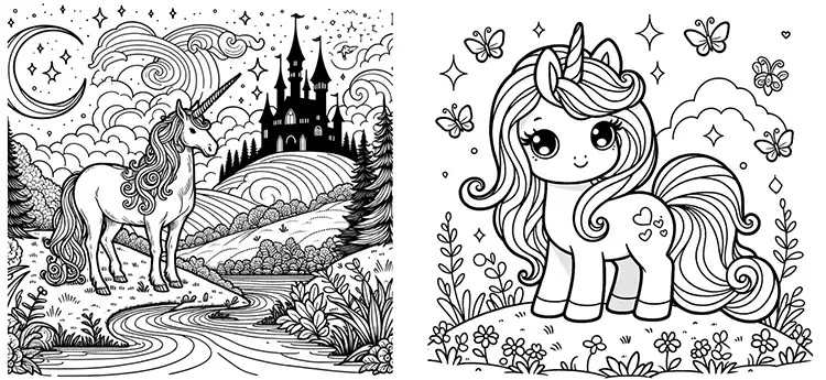 Unicorn coloring page for kids and adults