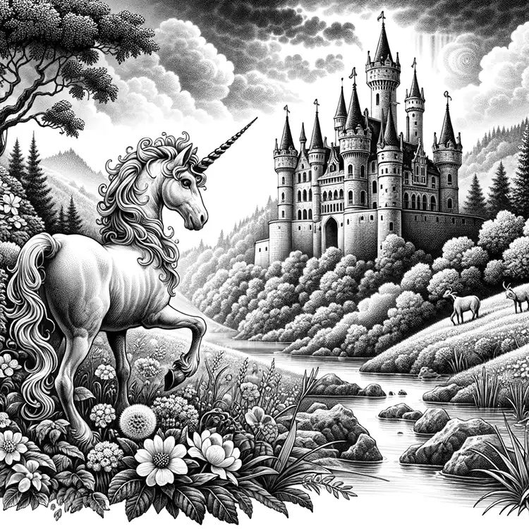 A very detailed coloring page with unicorn and castle