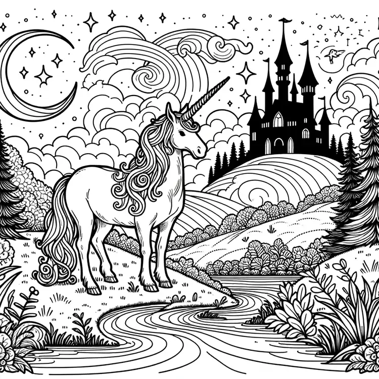Free Coloring Page with Unicorn and Castle