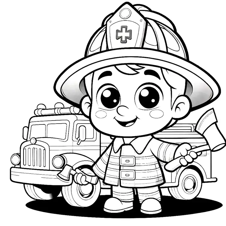 Feuerwehrmann vor Feuerwehrauto – Ausmalbild