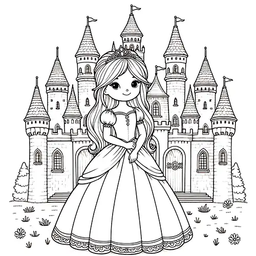 Coloring page with princess and fairy tale castle