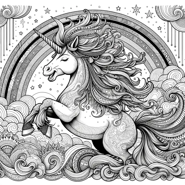 Coloring Page – Laughing Unicorn with Rainbow