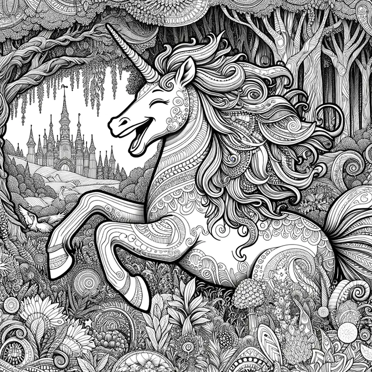 Amusing Coloring Page with Laughing Unicorn and Castle