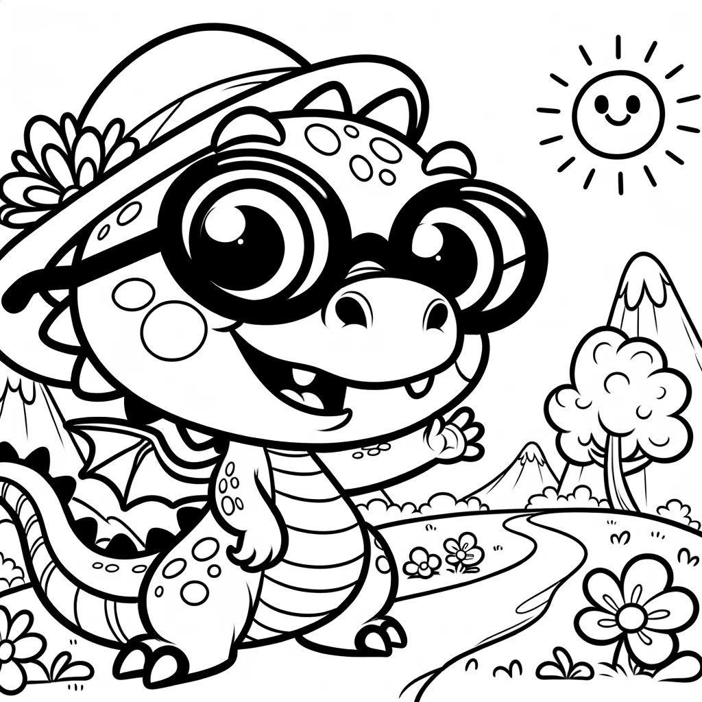 Dragon coloring page with sun