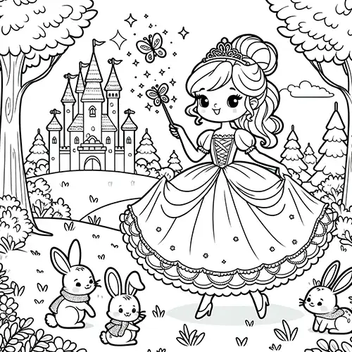 Ausmalbild mit Hase, Prinzessin und Schloss