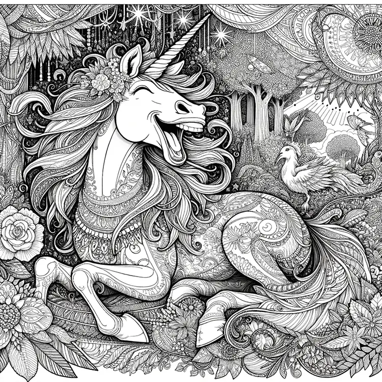 Funny, Laughing Unicorn Coloring Page for Adults