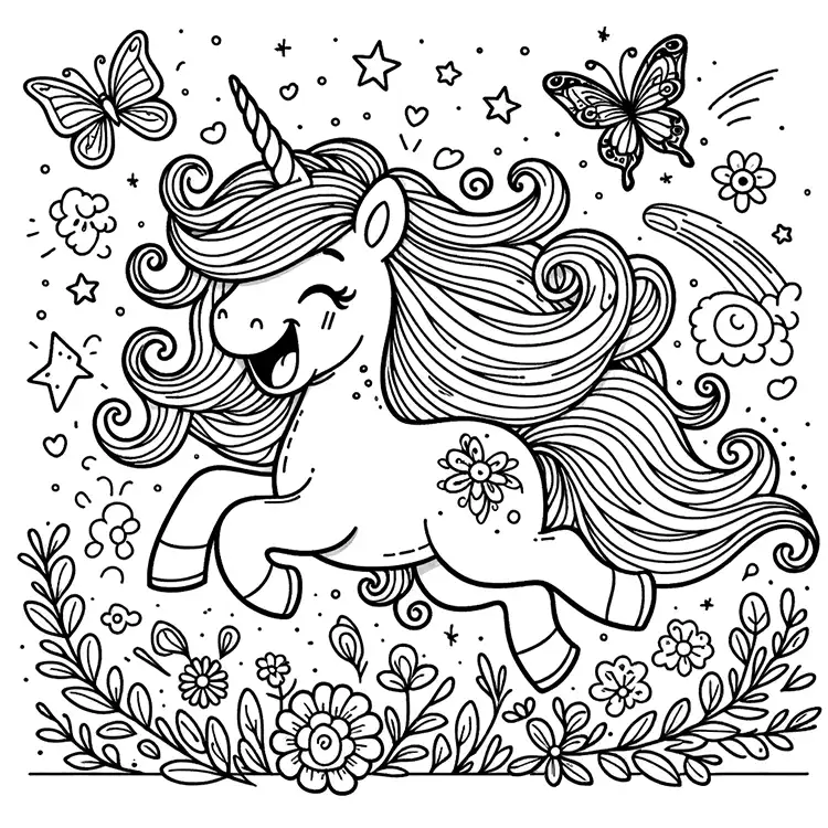 Happy Unicorn – Coloring Page