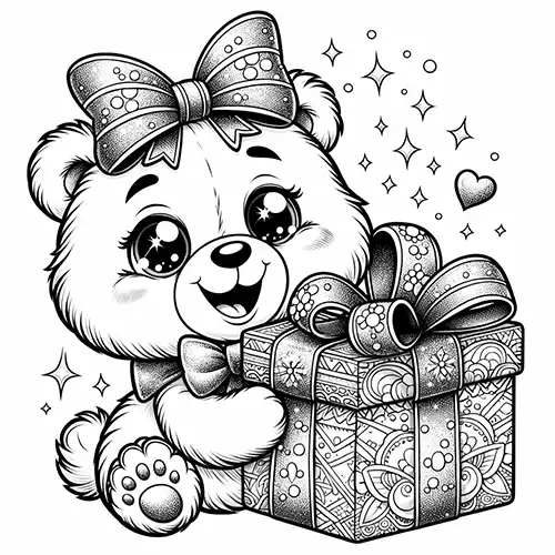 Ausmalbild mit kleinem Bär und Geschenk