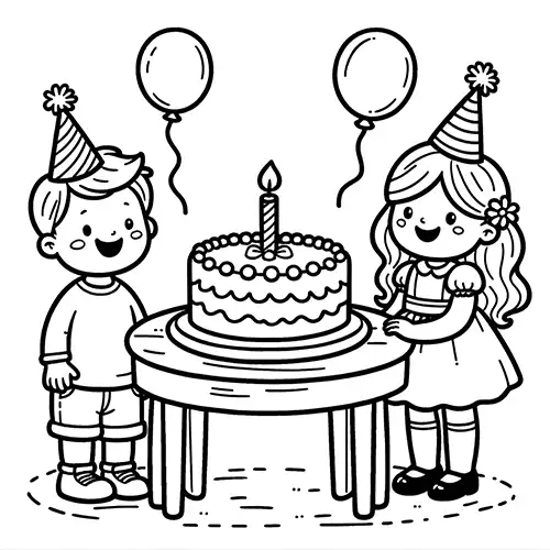 Coloring Page with Little Birthday Party